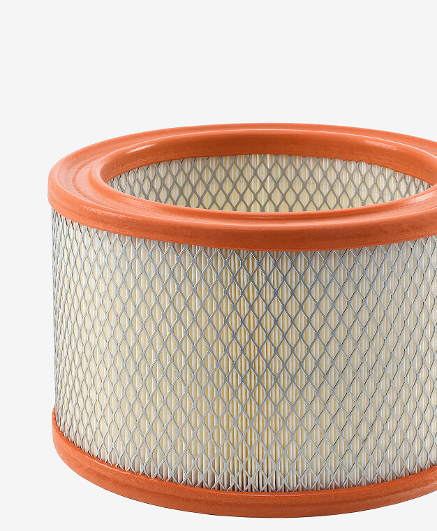 Round air filter with orange rim on a white background