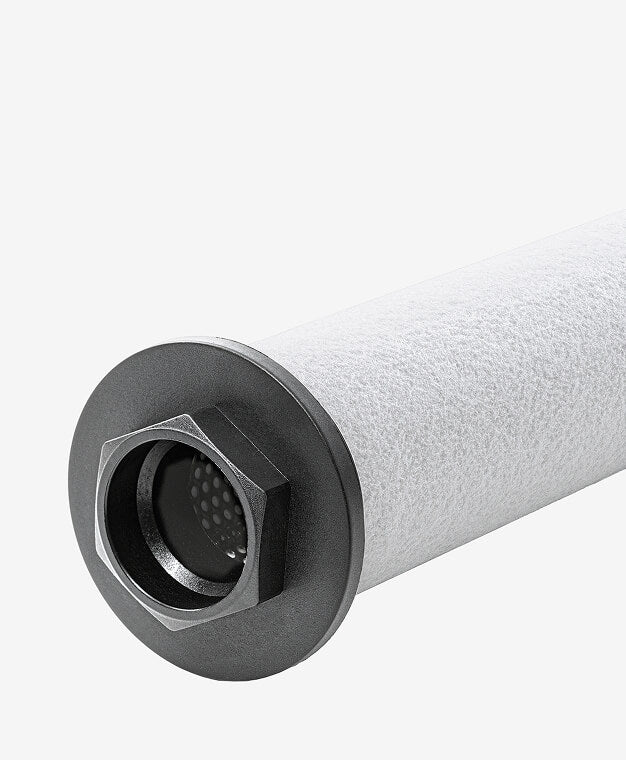 Filter cartridge with metal housing on a white background